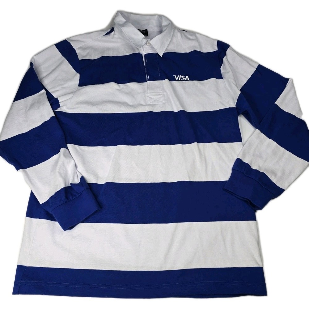Charles River Apparel Mens Blue/White Striped Cotton Rugby Shirt Size L‎